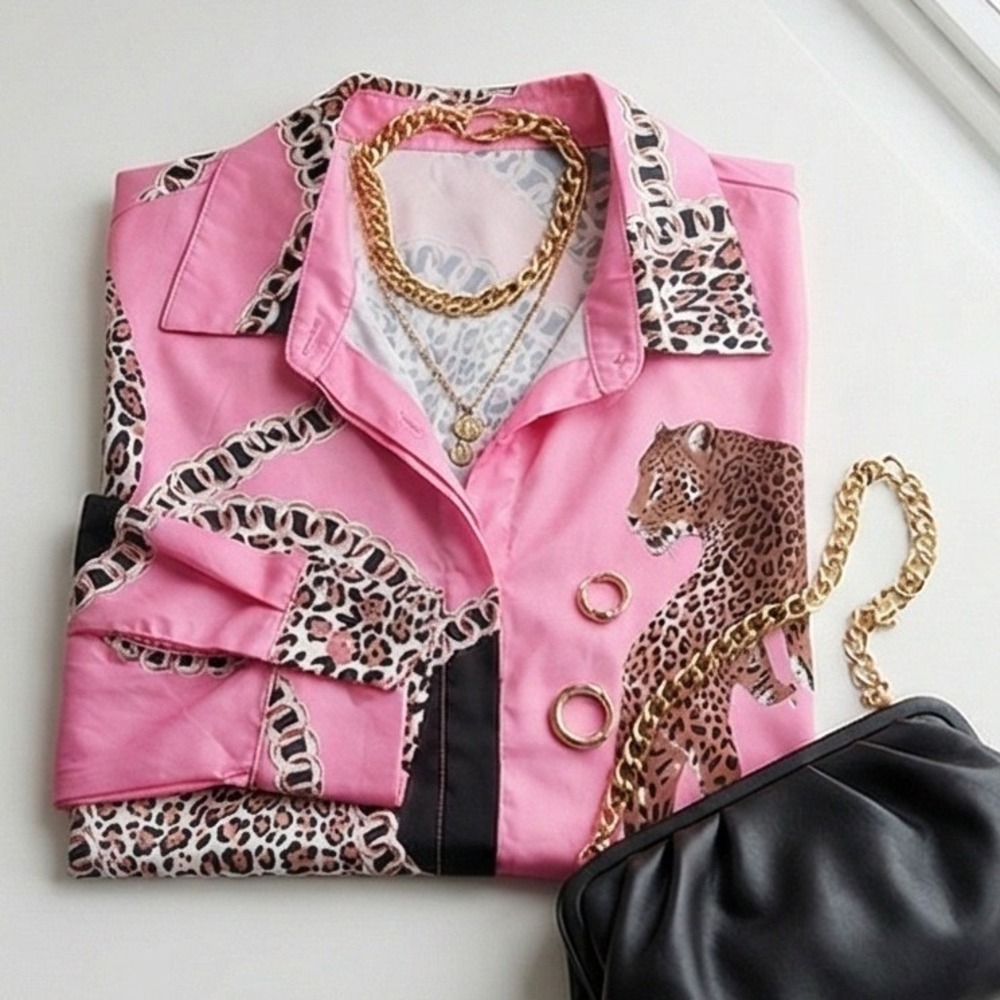 ChicMe L Pink Leopard Chain Print Long Sleeve Button Down Blouse Whimsical Cute - Picture 4 of 13